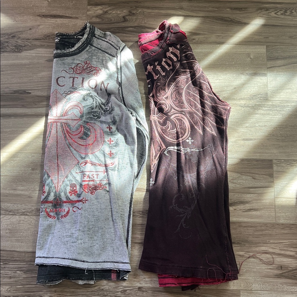 Affliction Gray and Red Long Sleeve Tees